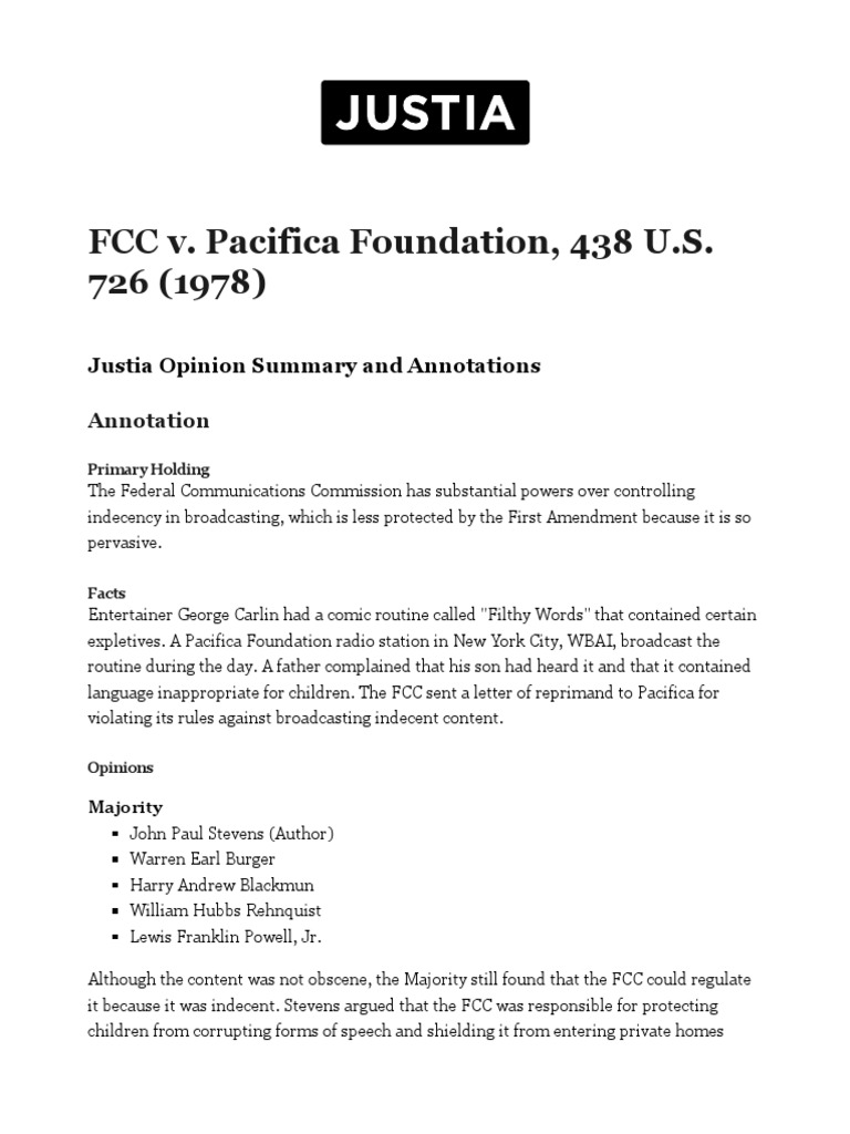 FCC v. Pacifica: Indecency Regulation | PDF | Federal Communications ...