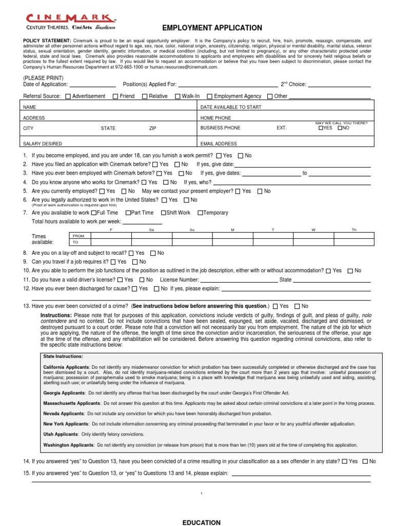 Cinemark Employment Application Form | PDF