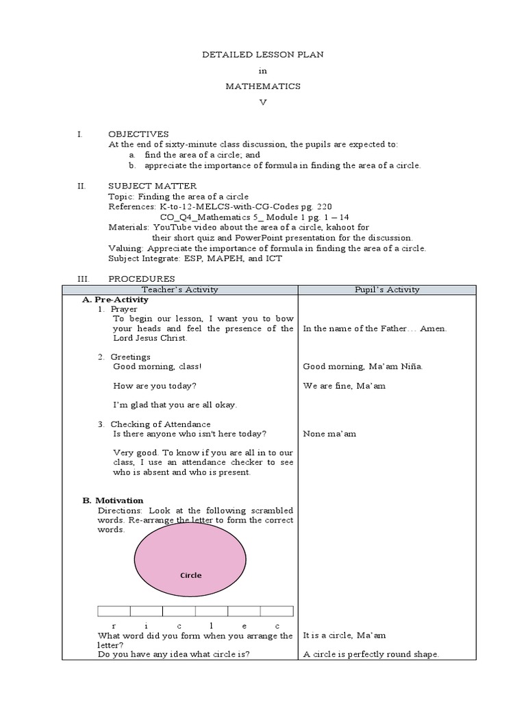 Grade 5 Area of Circle Lesson Plan | PDF | Area | Circle