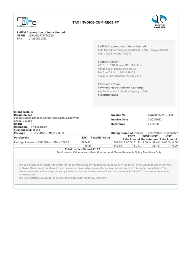 Tax Invoice-Cum-Receipt: Railtel Corporation of India Limited. Gstin ...