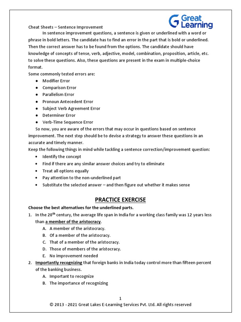 Cheat Sheets - Sentence Improvement | PDF | Question | Multiple Choice