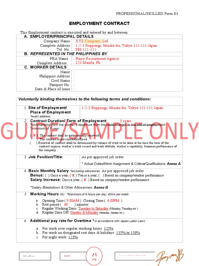 SAMPLE FORM 03 MASTER EMPLOYMENT CONTRACT With Salary Breakdown List of Duties Criteria PDF
