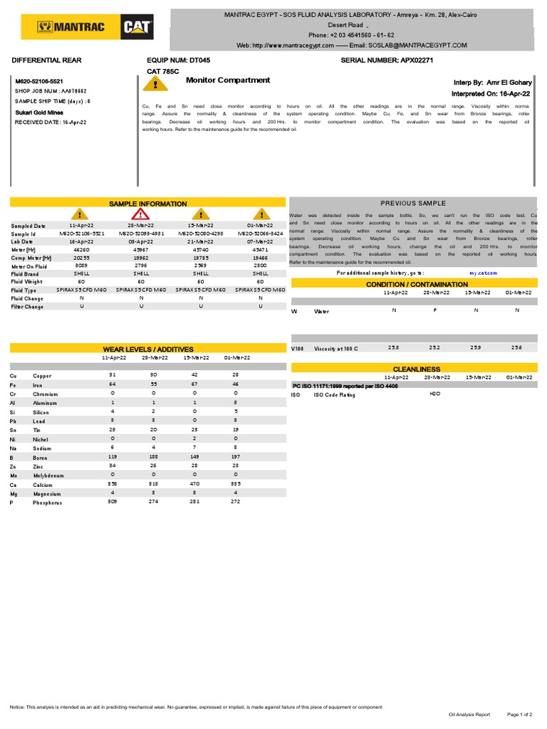 Oil Analysis Report: CAT 785C Rear Differential | PDF | Building ...