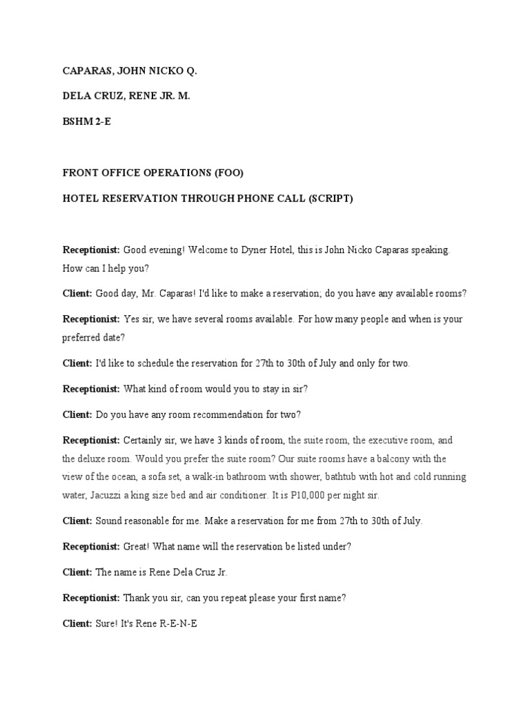 Reservation Procedures Script | PDF