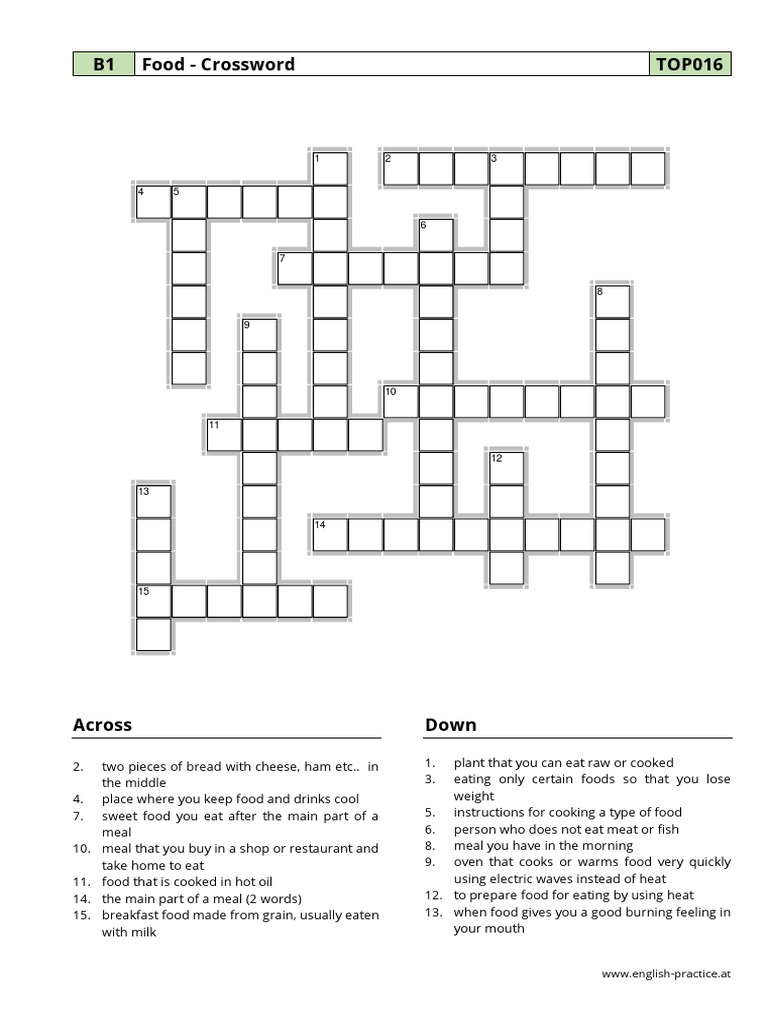 B1 Food Crossword TOP016 WWW EnglishPractice at PDF Meal
