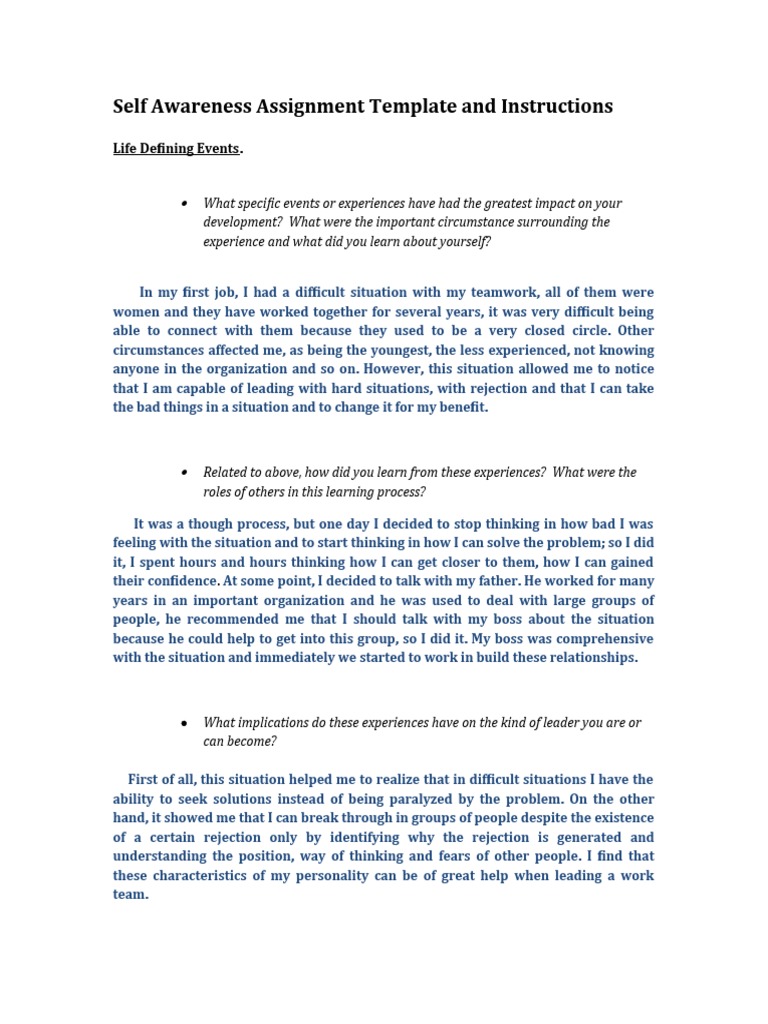 self awareness assignment template and instructions