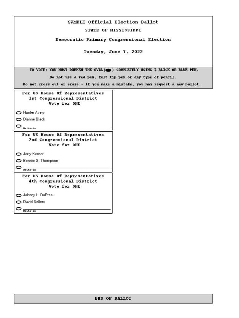 Democratic Primary Congressional Election Sample Ballot PDF