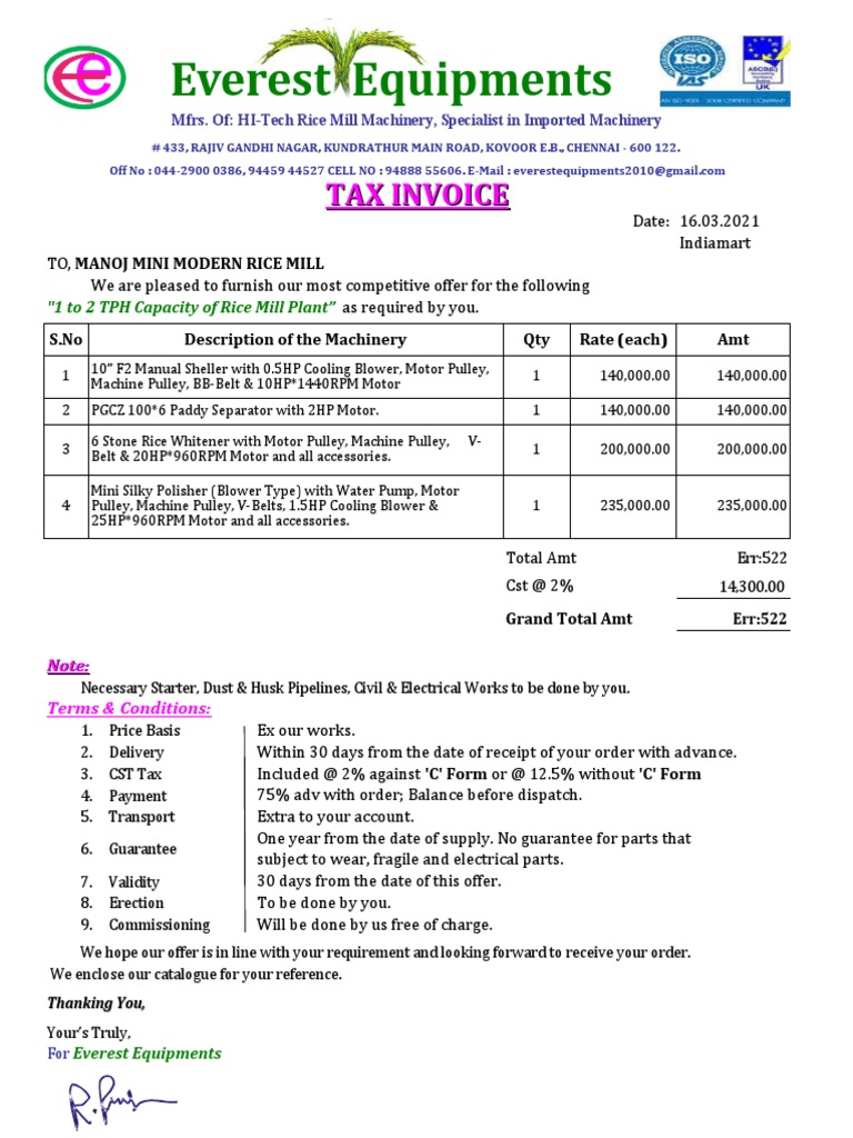 BUA Rice Mill Machinery Quotation | PDF | Belt (Mechanical ...