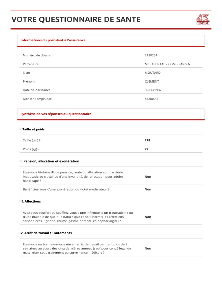 Questionnaire de Santé | Download grátis PDF | Assurance | Santé publique