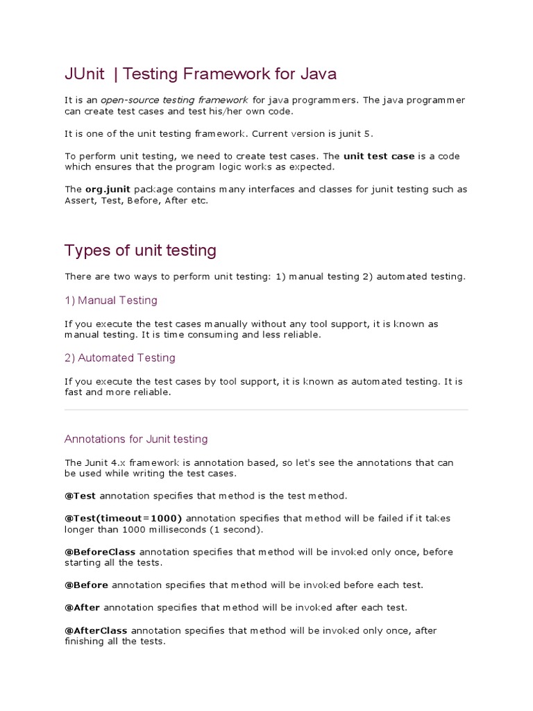 Junit - Testing Framework For Java: Types of Unit Testing | PDF | Test ...