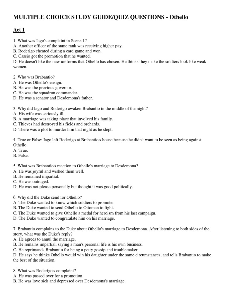 Multiple Choice Study Guide/Quiz Questions Othello PDF Othello Iago