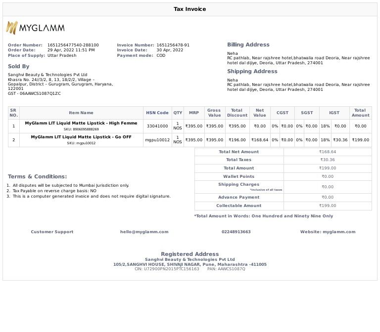 Tax Invoice for MyGlamm Products | PDF | Payments | Economies