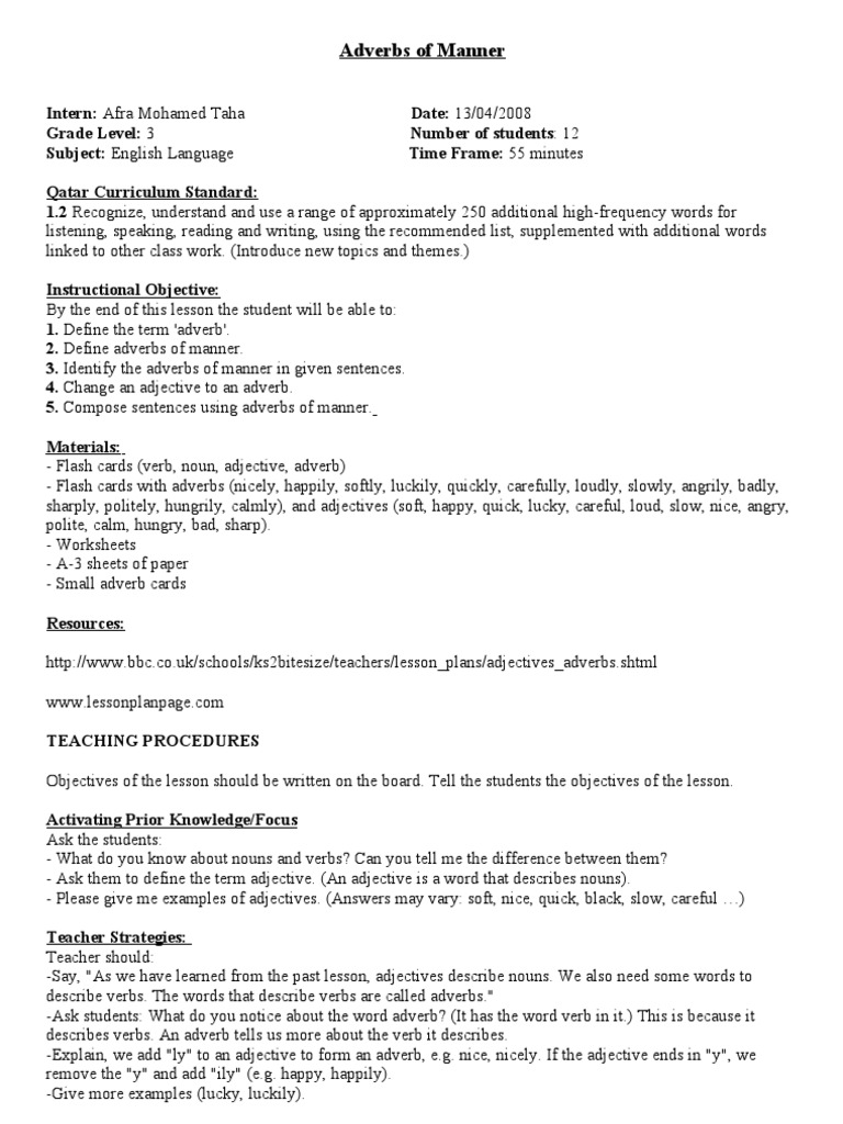 Adverbs Of Manner Lesson Plan Adverb Verb