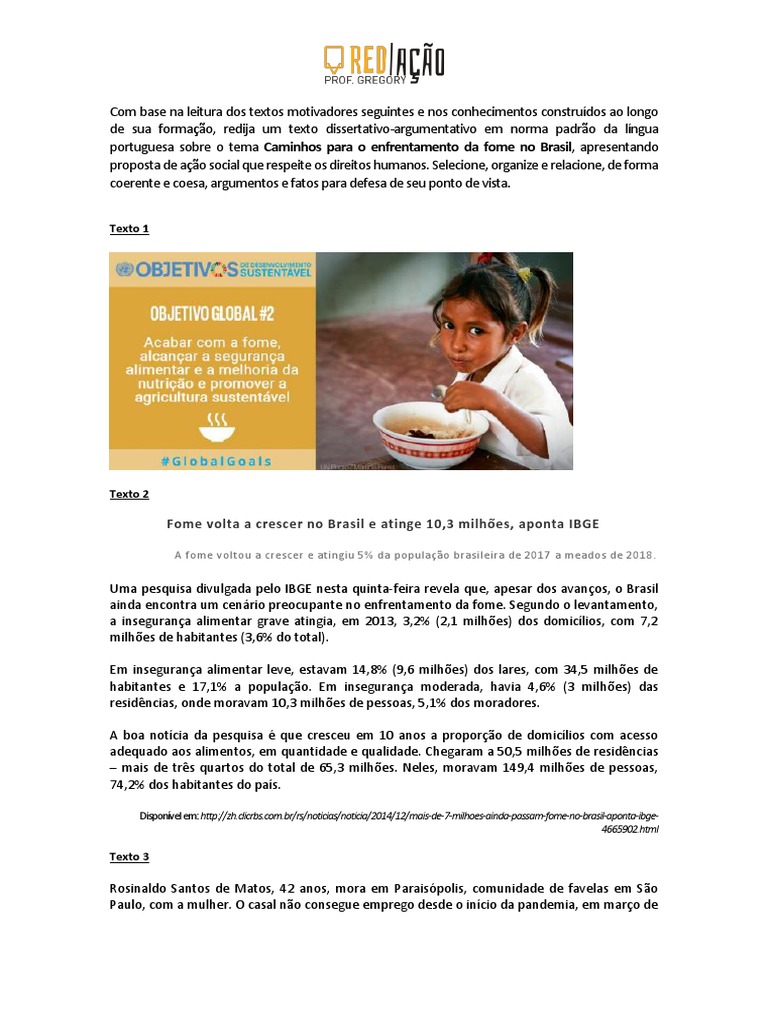 Proposta de Redação - Fome | PDF | Brasil