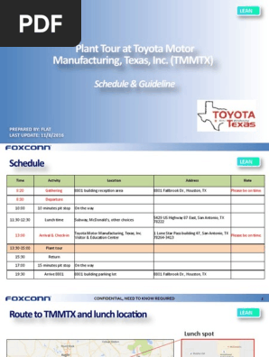 2016 Toyota Plant Tour - Schedule & Guideline
