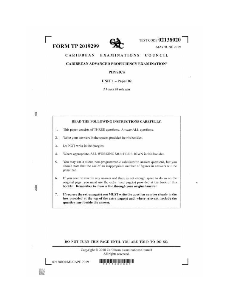 Cape physics unit 1 paper 2 2019 pdf