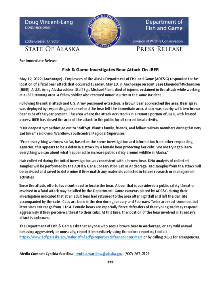 Alaska Department of Fish and Game Press Release Concerning JBER Bear