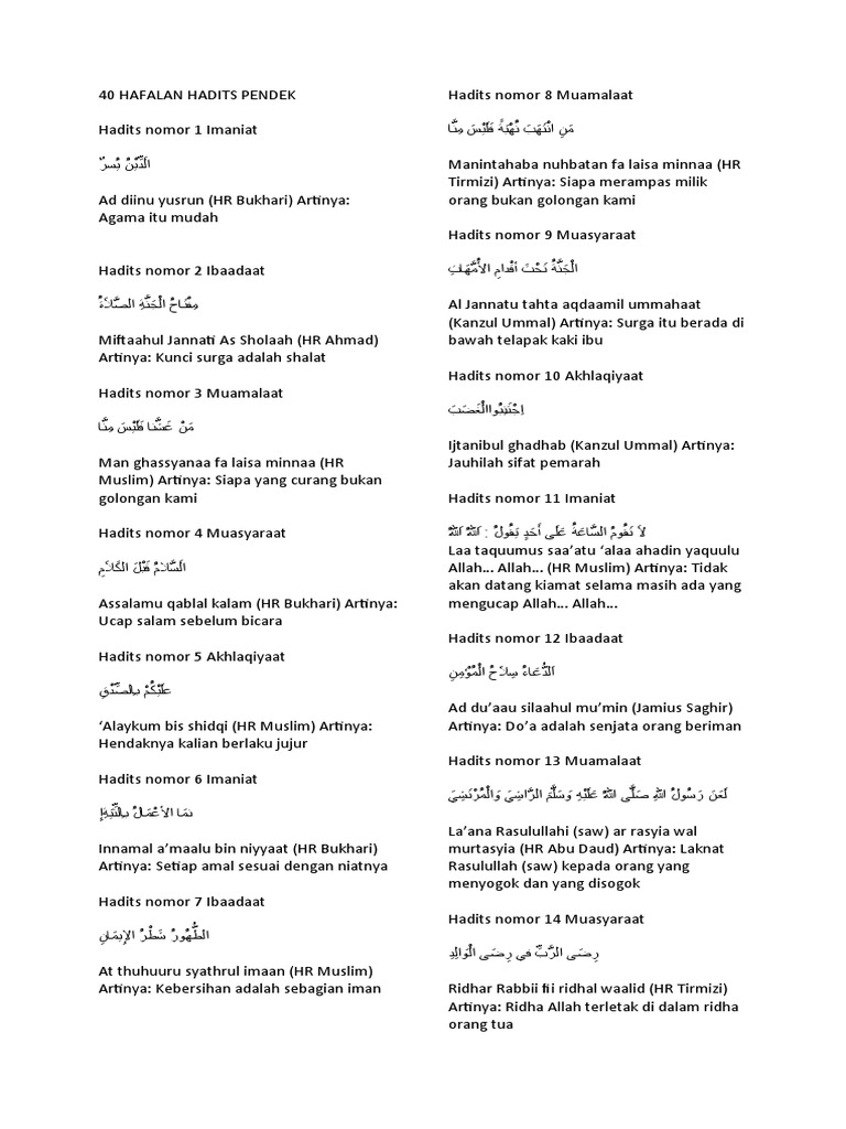 40 Hadits Pendek untuk Hafalan | PDF