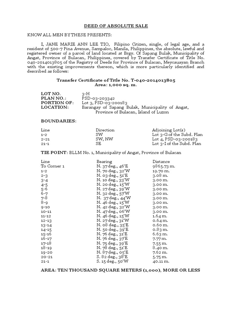 Deed of Absolute T 040 2014013805 | PDF | Payments | Private Law