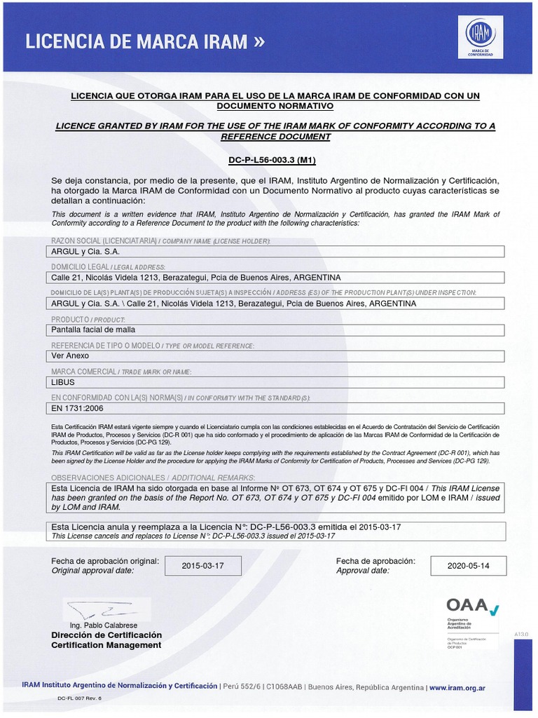 Licence Granted by Iram For The Use of The Iram Mark of Conformity ...