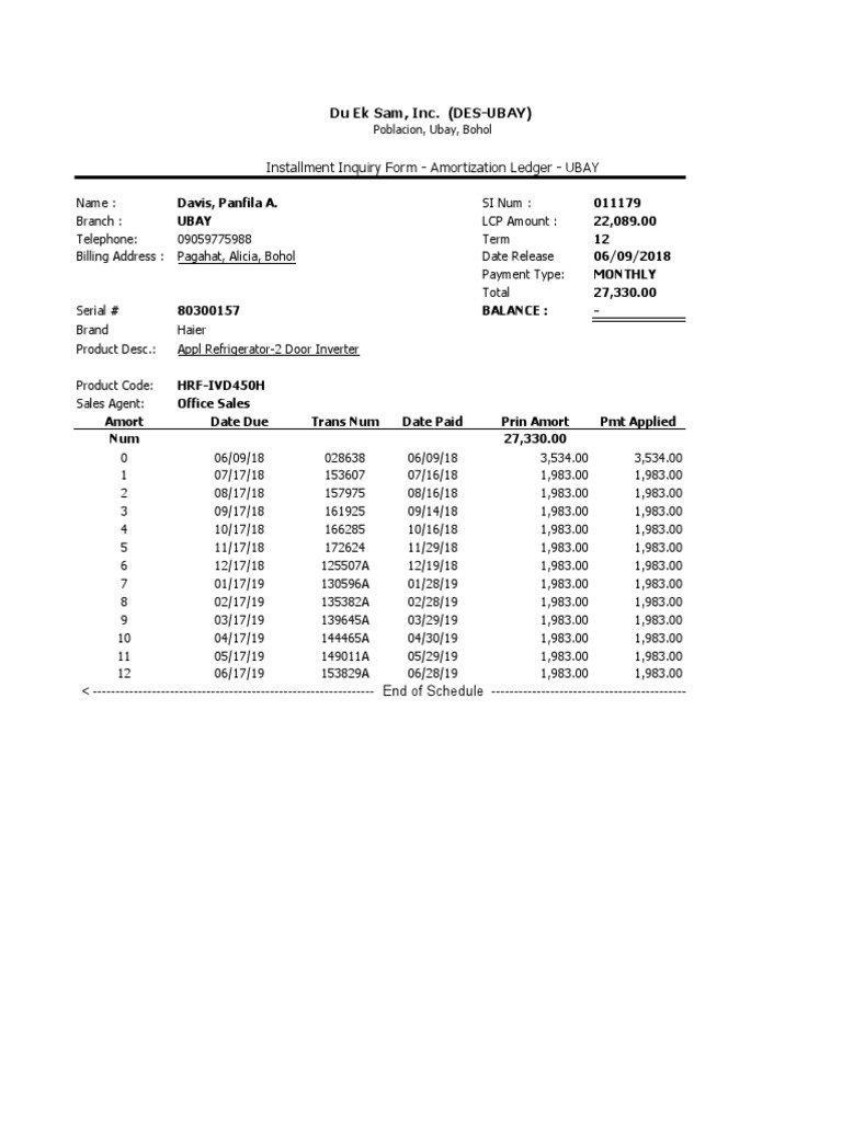 Ubay Installment Amortization Ledger | PDF