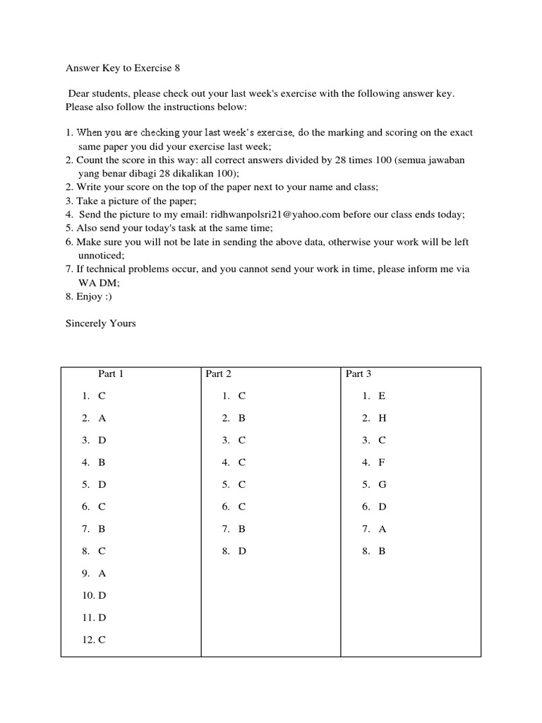Answer Key To Exercise 8 | PDF | Teaching Methods & Materials