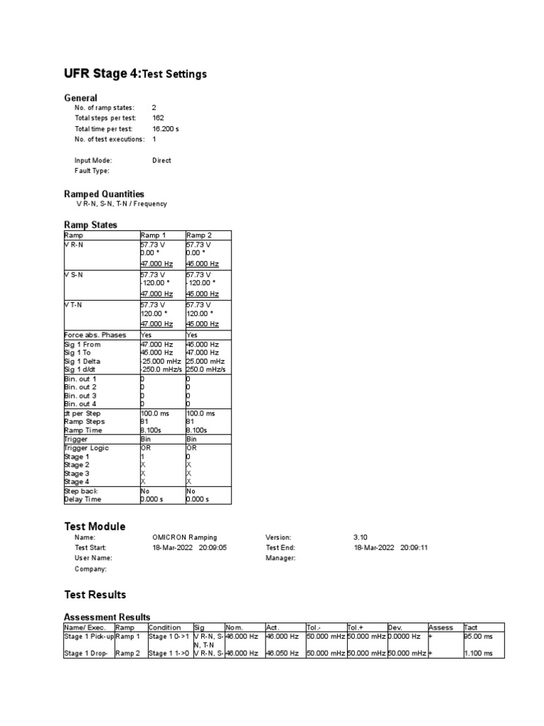 Test Settings and Results for a TwoRamp Frequency Sweep on ThreePhase