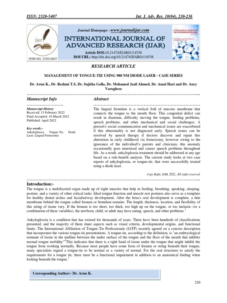 Management of TongueTie Using 980 NM Diode Laser Case Series PDF