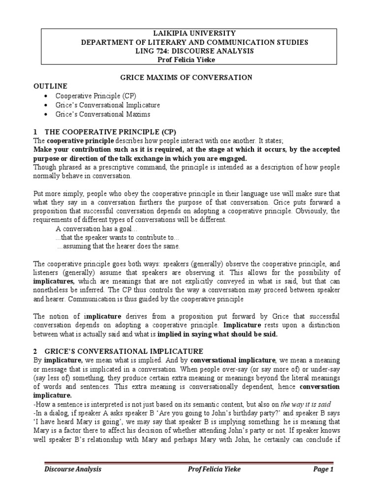 Unit Grice Maxims of Conversation | PDF | Logic | Philosophical Theories