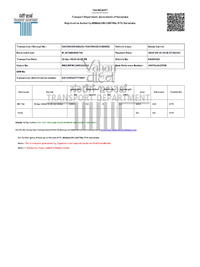 Tax Receipt Transport Department, Government of Karnataka Registration