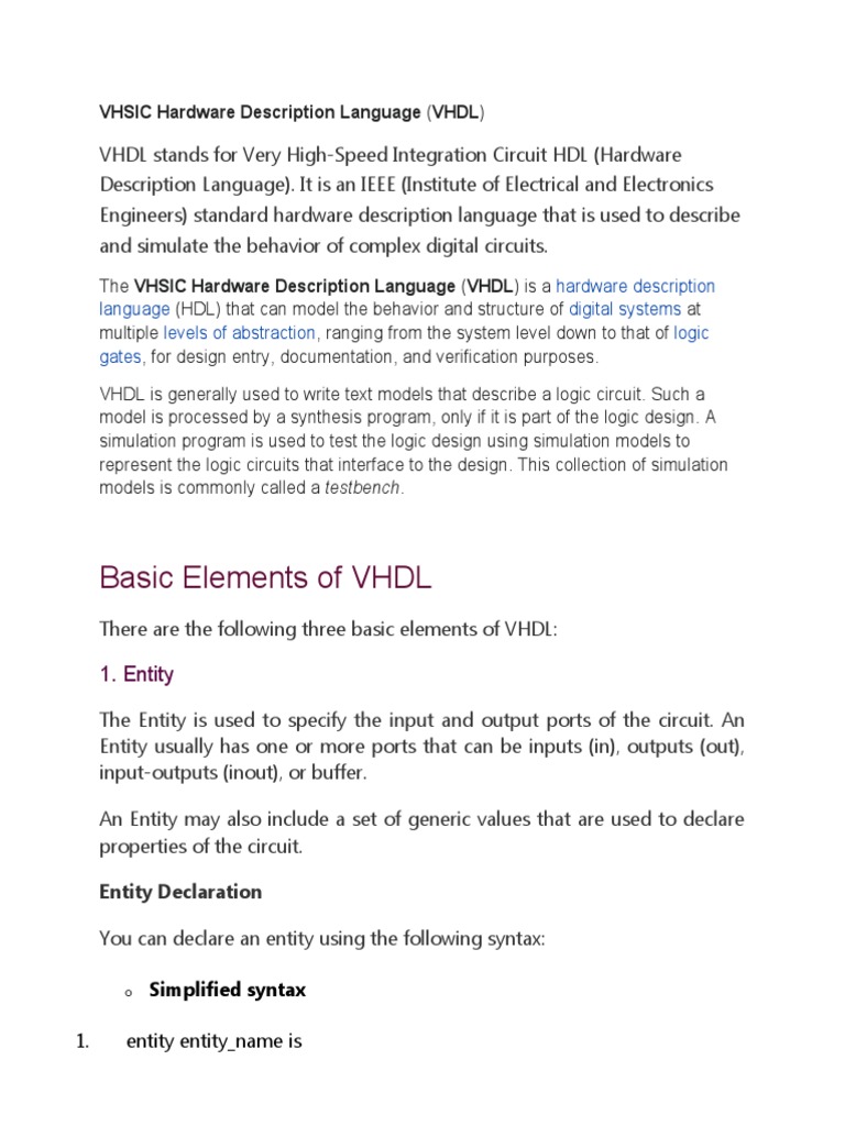 Basic Elements of VHDL VHSIC Hardware Description Language (VHDL) PDF