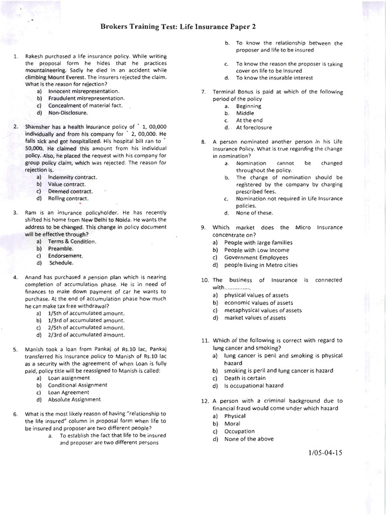 Life Insurance Training Test Questions | PDF | Insurance | Life Insurance
