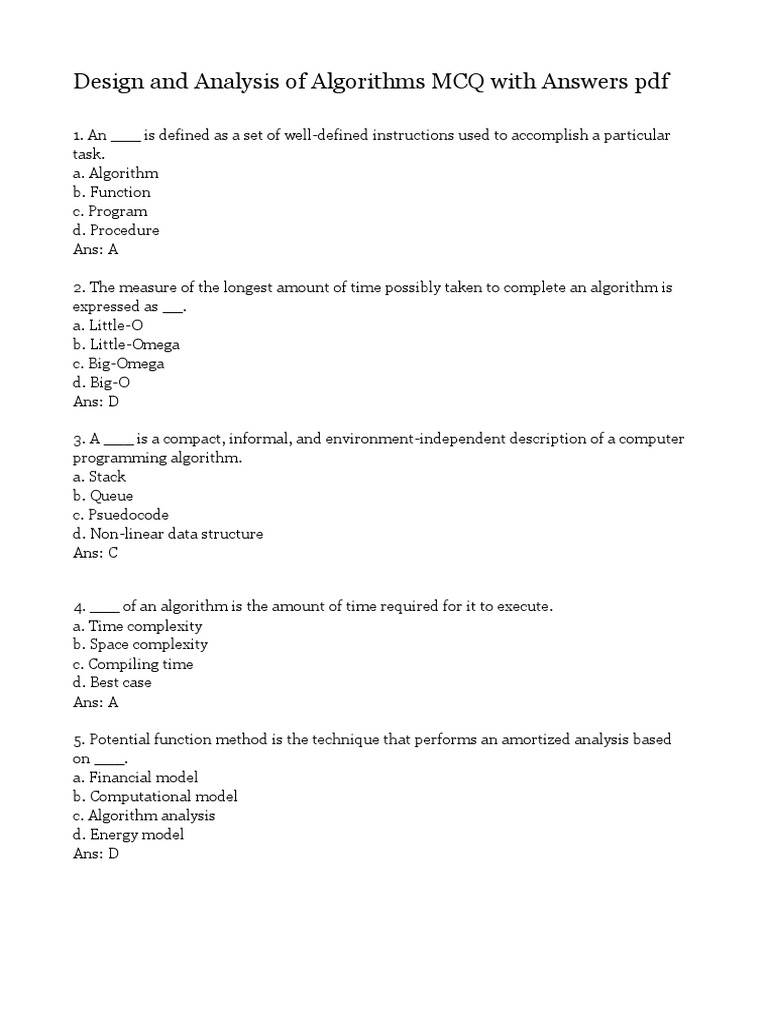 Design and Analysis of Algorithms MCQ With Answers PDF | PDF | Time ...