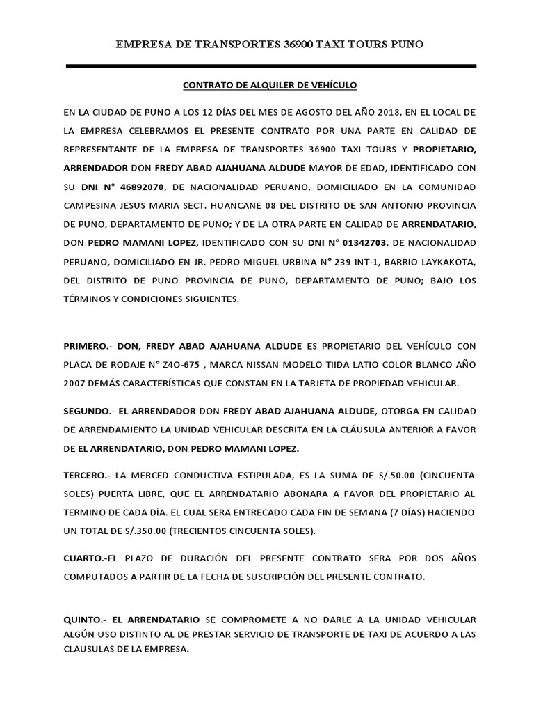 Contrato de Alquiler de Taxi | PDF | Negocios | Finanzas y dinero