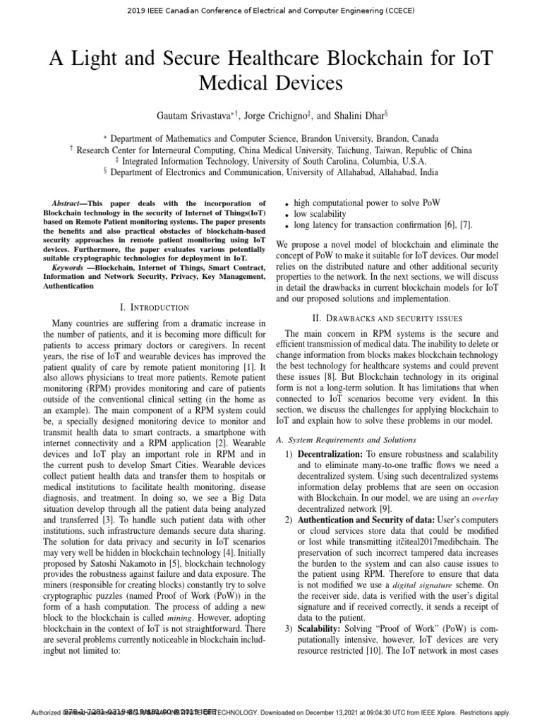 A Light and Secure Healthcare Blockchain For IoT Medical Devices | PDF ...