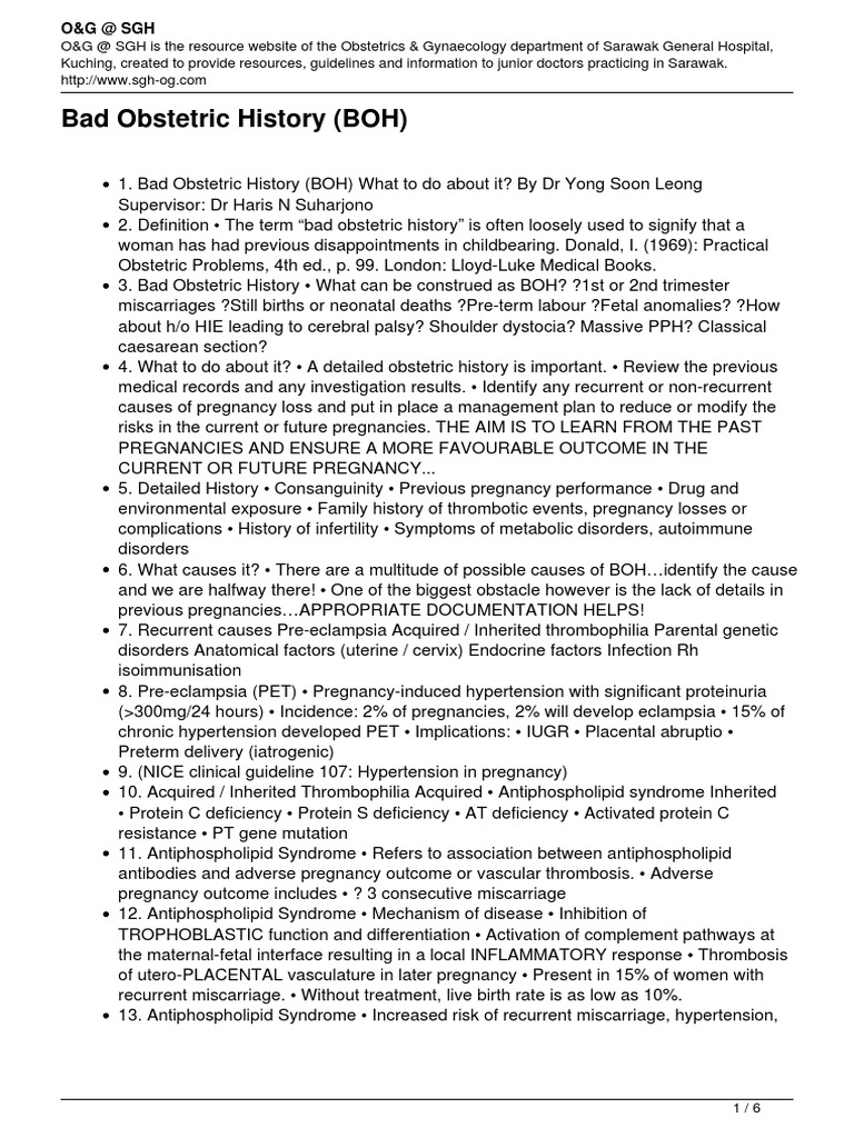 Bad Obstetric History Boh | PDF | Miscarriage | Preterm Birth