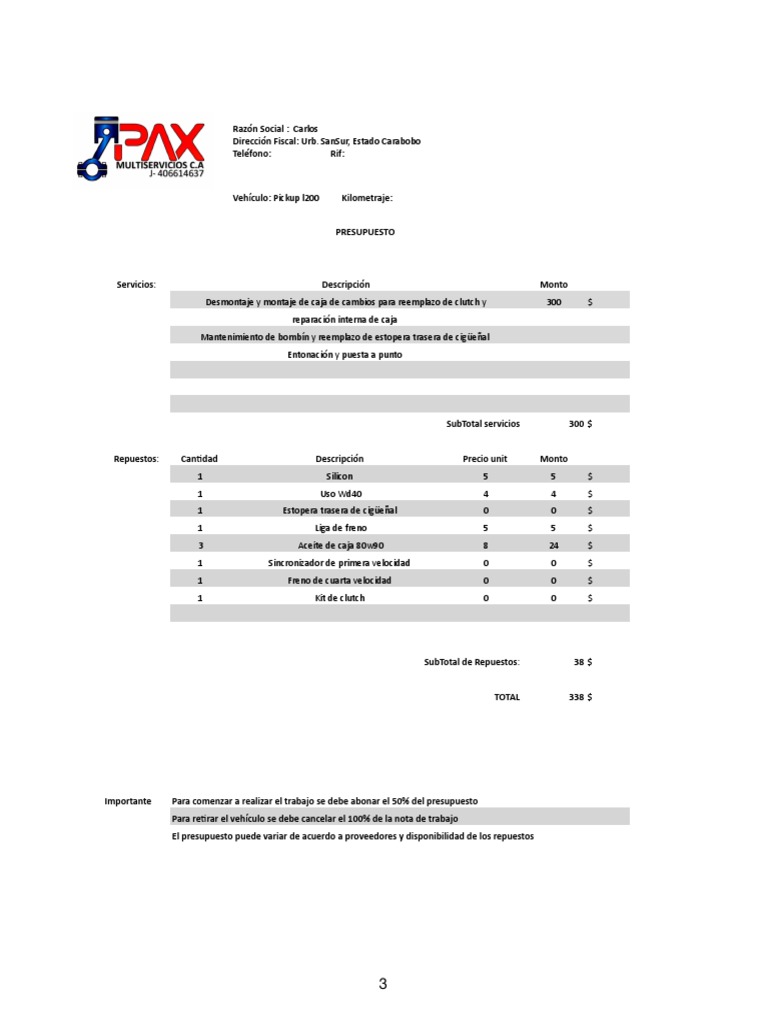 Presupuesto de Reparación de Vehículo | PDF | Transporte privado ...