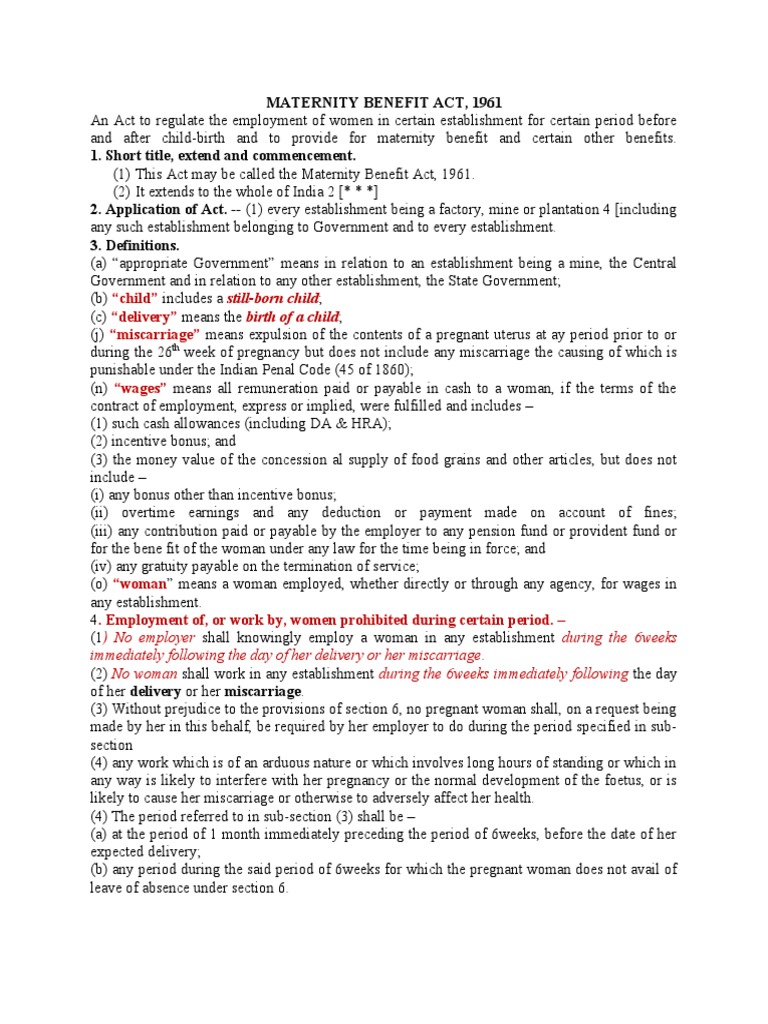 Maternity Benefit Act 1961 PDF Childbirth Pregnancy