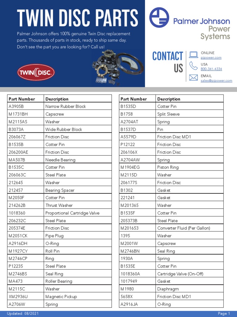 Twin Disc Part List 0821 | PDF | Bearing (Mechanical) | Piston