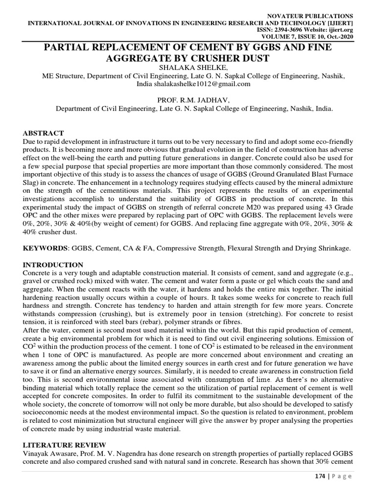 Partial Replacement of Cement by Ggbs and Fine Aggregate by Crusher