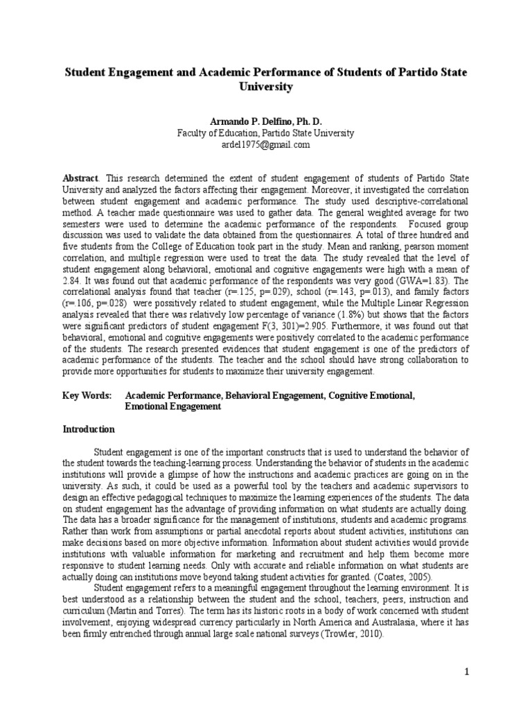 Student Engagement and Academic Performance of Students of Partido ...