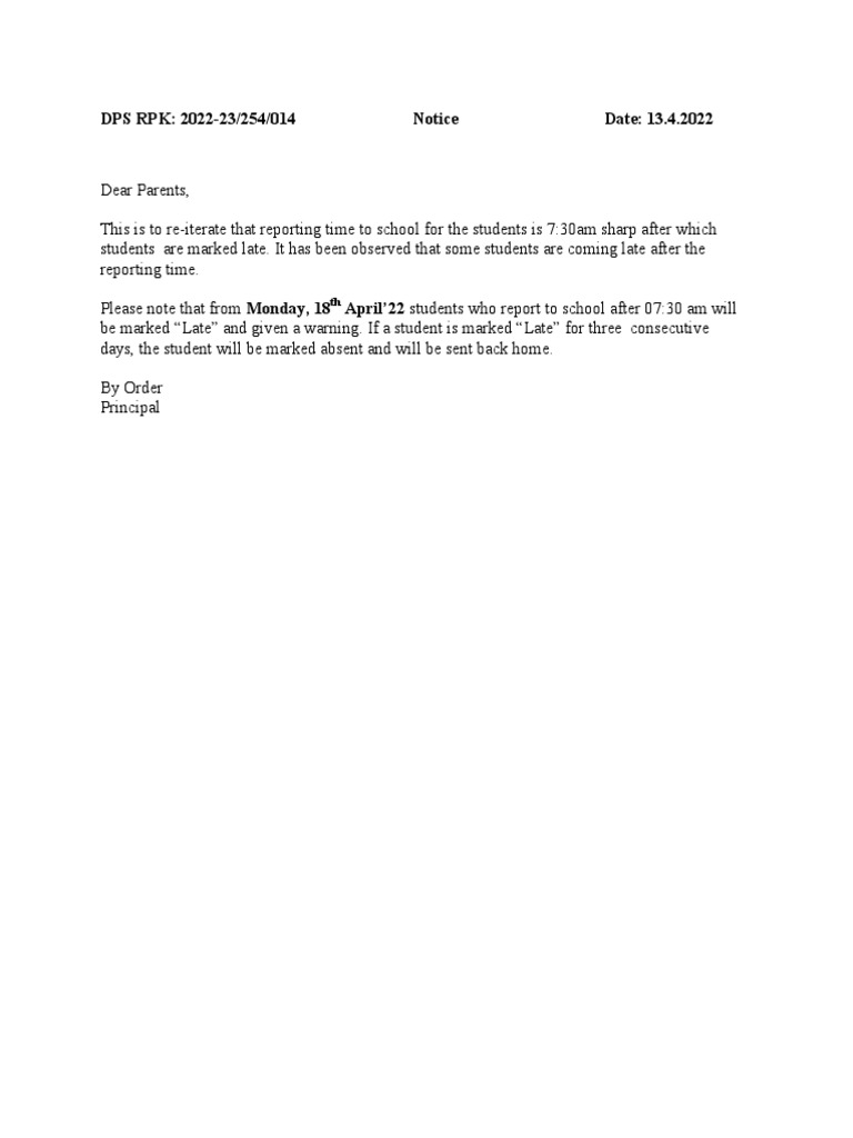 Notice for Late Arrivals PDF