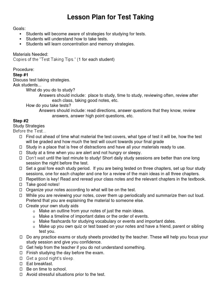 Lesson Plan Test Taking Pdf Learning Memory