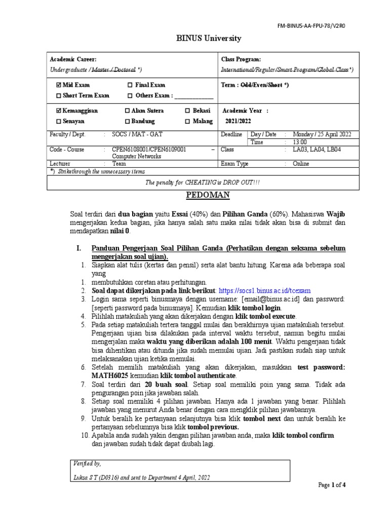 Panduan Ujian Jaringan Komputer BINUS | PDF | Komputer