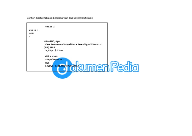 Contoh Kartu Katalog Berdasarkan Subyek (Klasifikasi) Perpustakaan