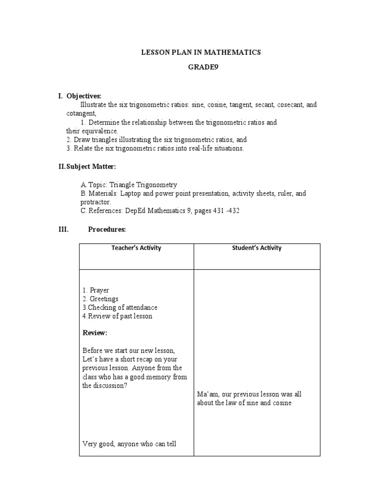 Grade 9 Trigonometry Lesson Plan | PDF | Trigonometric Functions ...