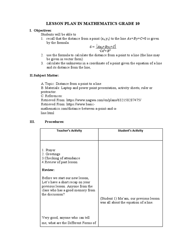 Grade 10 Distance Formula Lesson Plan | PDF | Lesson Plan | Geometry