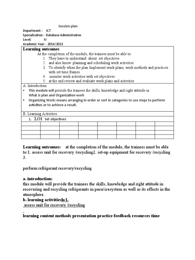 Session Plan and Orgazize Work Activities | PDF | Career & Growth | Art