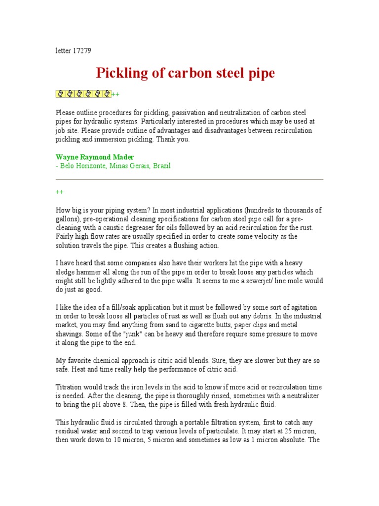 Pickling of CS Pipes PDF Pipe (Fluid Conveyance) Hydrochloric Acid