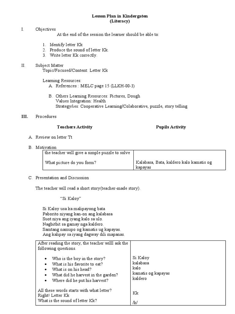 Lesson Plan for Letter Kk in Kindergarten | PDF | Lesson Plan | Pedagogy